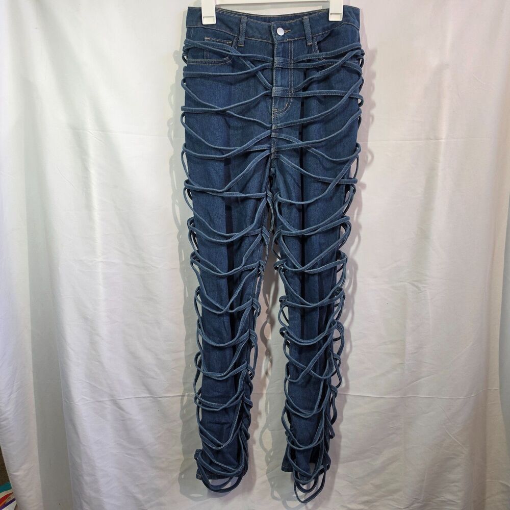 Multi Strap Cage Jeans High Waist Cutout String Loop Skinny Denim Medium Wash S